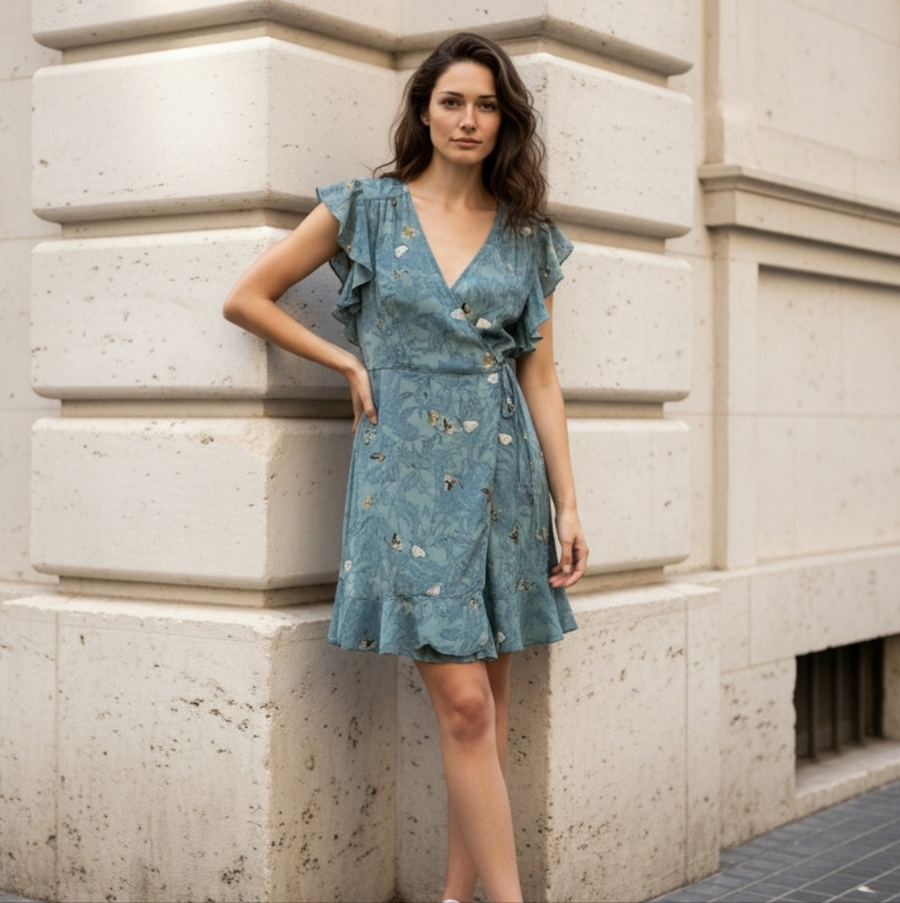 Anthropologie Feather & Bone Blue Green Butterflies Ruffled Sleeves Wrap Dress S